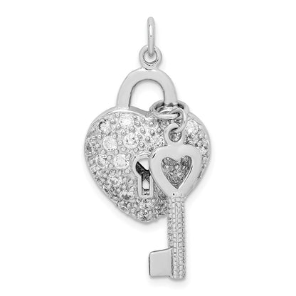 Sterling Silver Rhodium-Plated Cz Heart Lock & Key Pendant