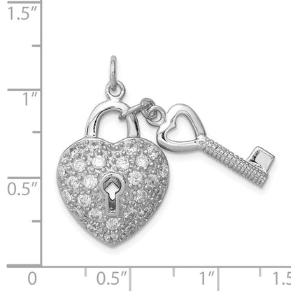 Sterling Silver Rhodium-Plated Cz Heart Lock & Key Pendant