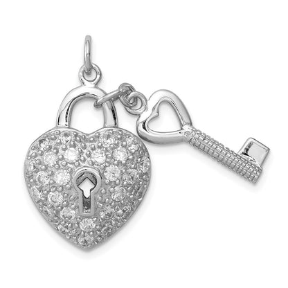 Sterling Silver Rhodium-Plated Cz Heart Lock & Key Pendant