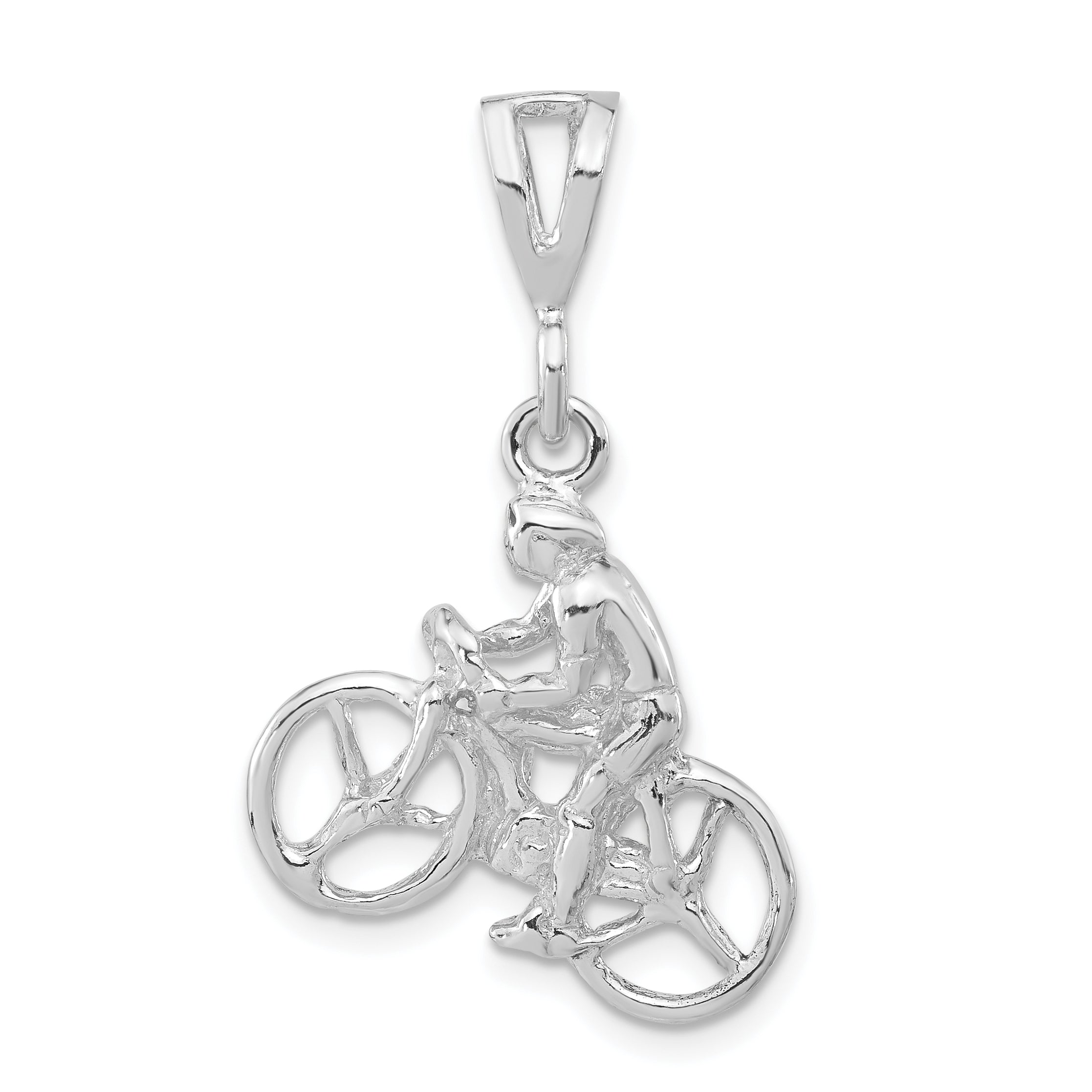 Sterling Silver 3-D Polished Cyclist On Bicycle Pendant
