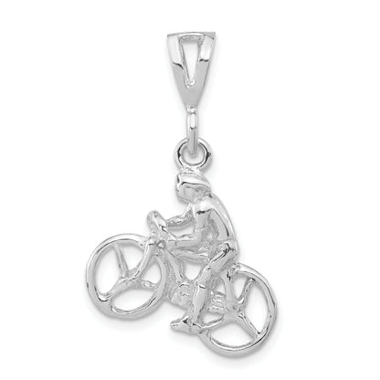 Sterling Silver 3-D Polished Cyclist On Bicycle Pendant