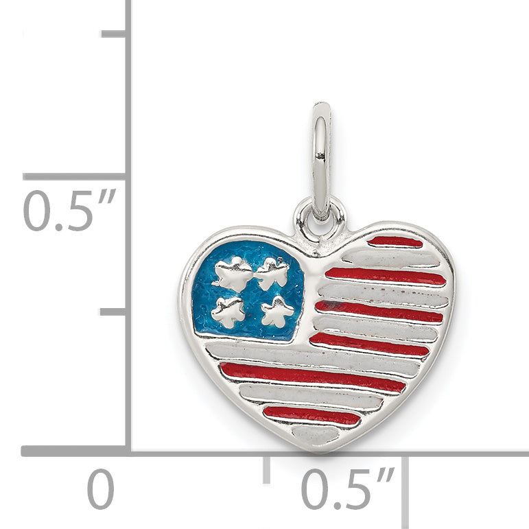Sterling Silver Polished Enamel American Flag Heart Pendant