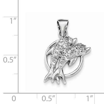 Sterling Silver Rhodium-Plated Polished Cz Double Dolphin Pendant