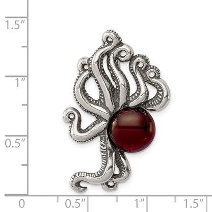 Sterling Silver Antiqued & Textured Octopus W/ Red Stone Chain Slide