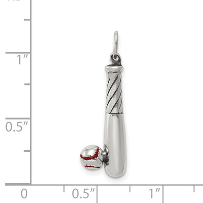 Sterling Silver Polished And Antiqued Enamel Bat Ball Charm
