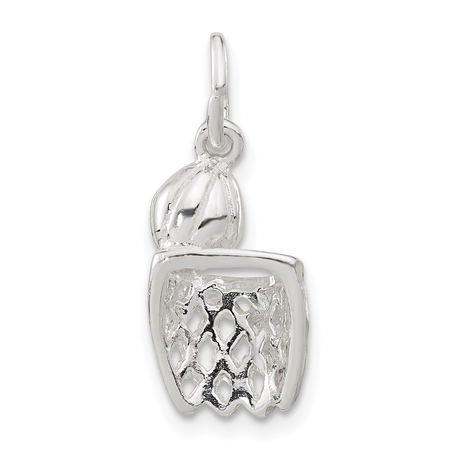 Sterling Silver Polished Diamond-Cut Basketball And Hoop Pendant