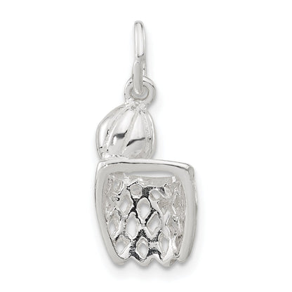 Sterling Silver Polished Diamond-Cut Basketball And Hoop Pendant