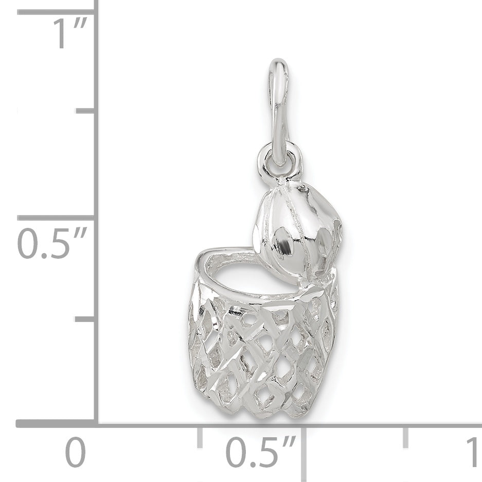 Sterling Silver Polished Diamond-Cut Basketball And Hoop Pendant