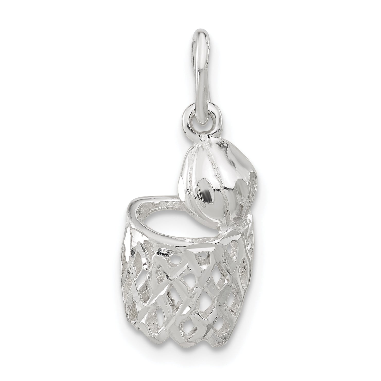 Sterling Silver Polished Diamond-Cut Basketball And Hoop Pendant