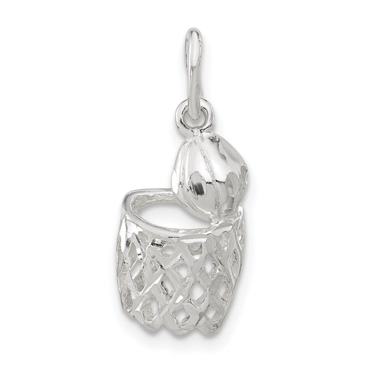 Sterling Silver Polished Diamond-Cut Basketball And Hoop Pendant