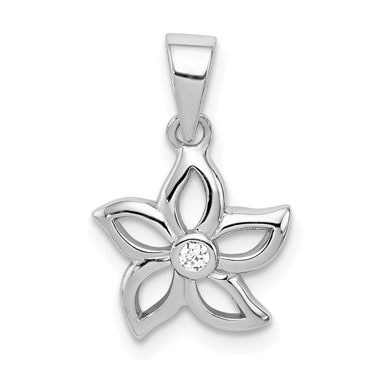 Sterling Silver Rhodium-Plated Flower With Cz Pendant