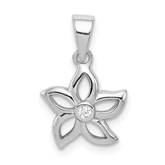Sterling Silver Rhodium-Plated Flower With Cz Pendant