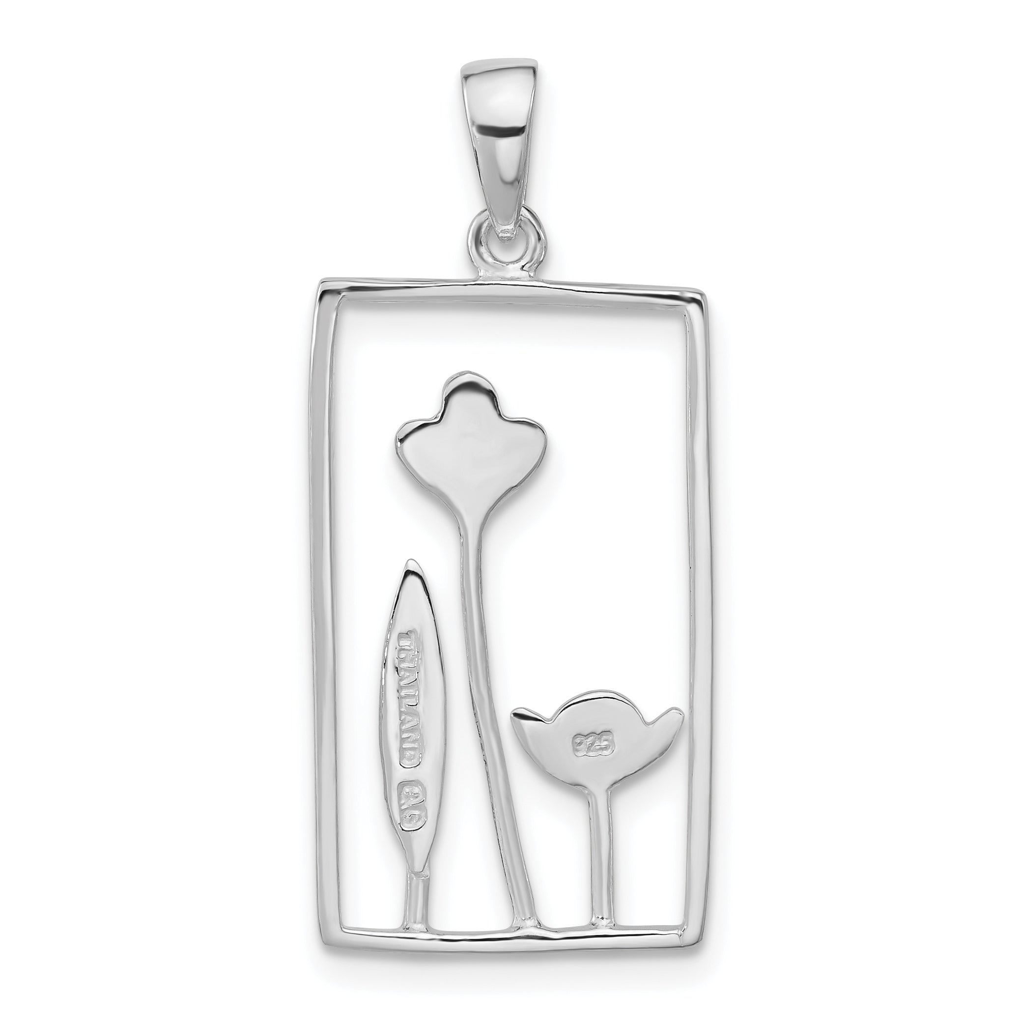 Sterling Silver Polished Rectangle Flower Pendant