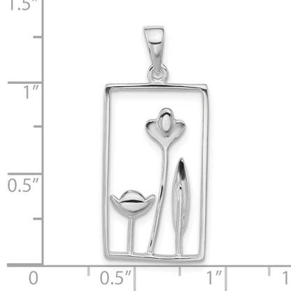 Sterling Silver Polished Rectangle Flower Pendant