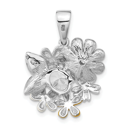 Sterling Silver Polished Cz & Enameled Floral Pendant