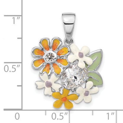 Sterling Silver Polished Cz & Enameled Floral Pendant