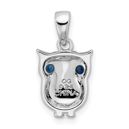 Sterling Silver Rhodium-Plated With Blue Glass Owl Pendant