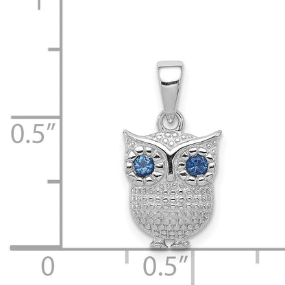 Sterling Silver Rhodium-Plated With Blue Glass Owl Pendant