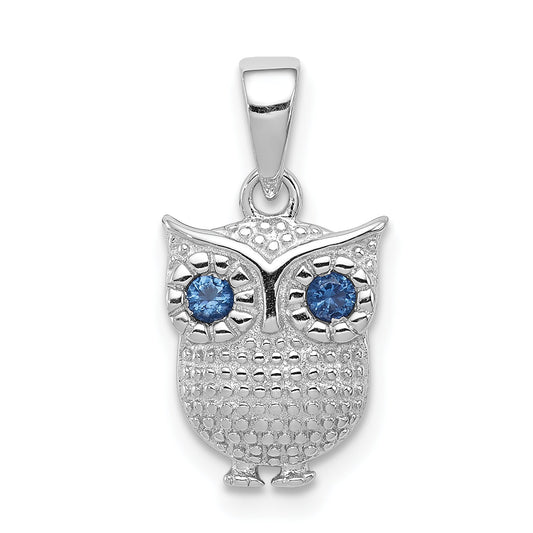 Sterling Silver Rhodium-Plated With Blue Glass Owl Pendant