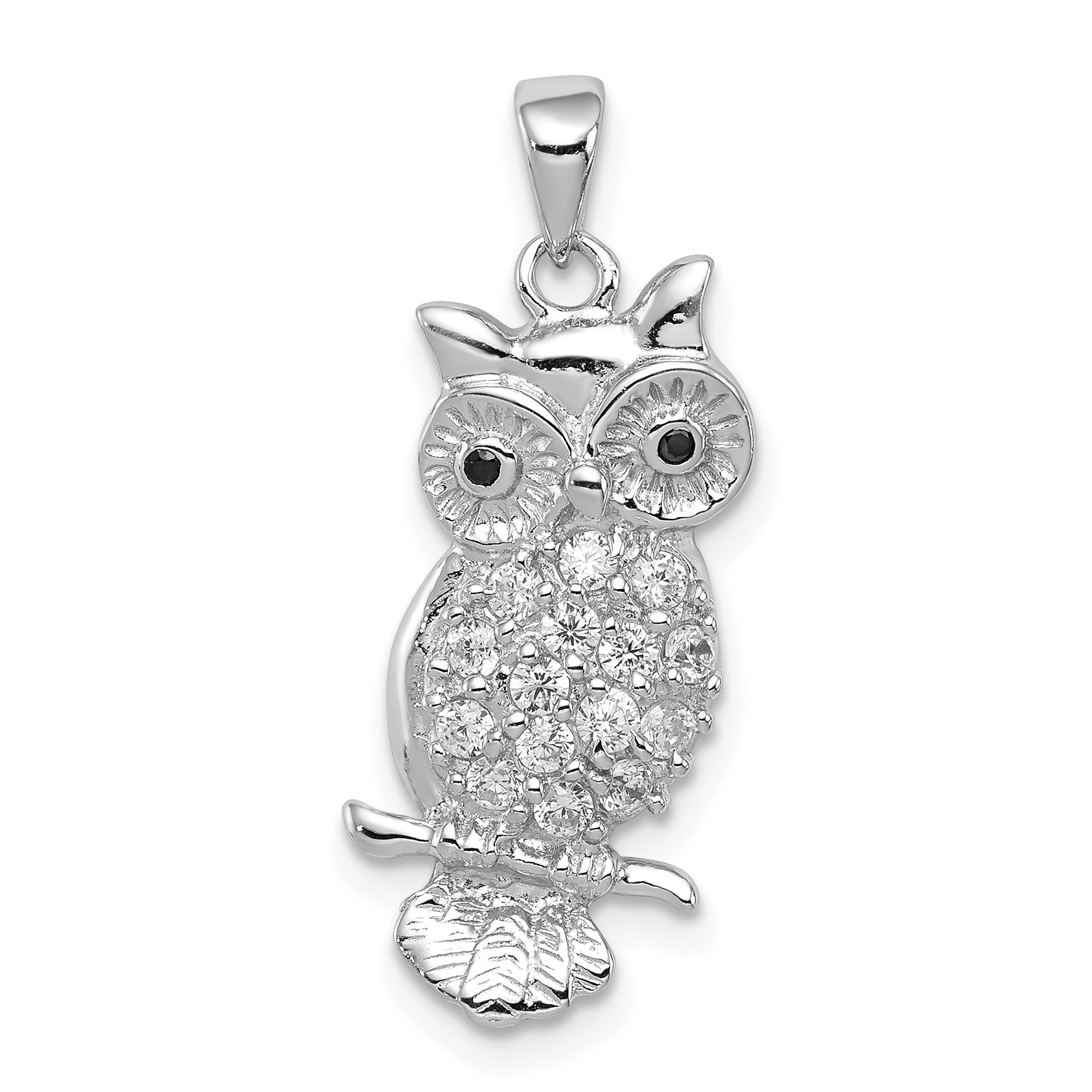 Sterling Silver Rhodium-Plated Cz Owl Pendant