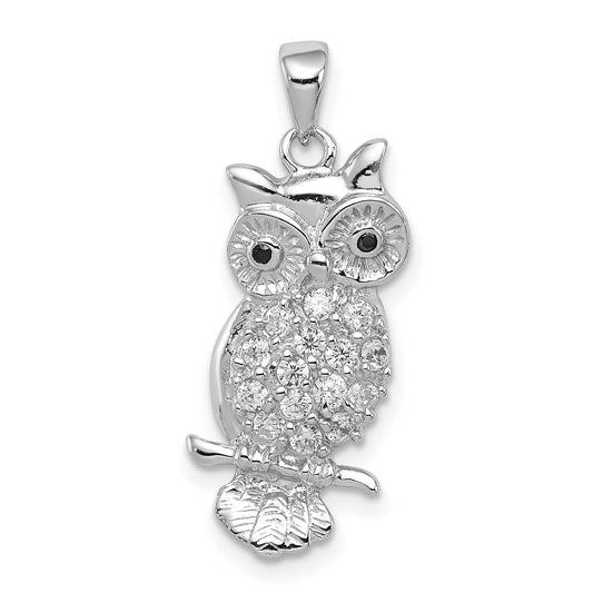 Sterling Silver Rhodium-Plated Cz Owl Pendant