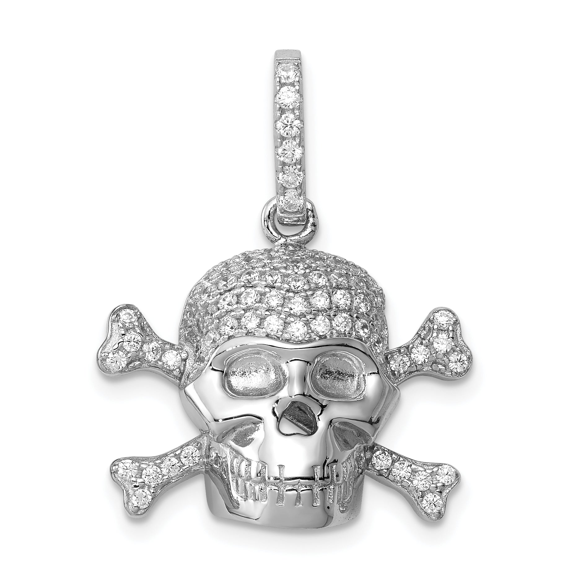 Sterling Silver Rhodium-Plated & Cz Skull Pendant