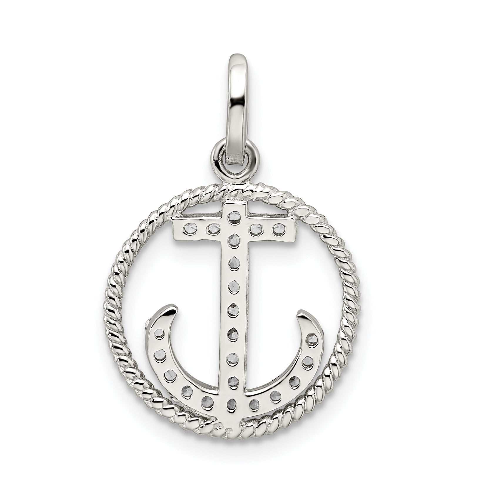 Sterling Silver Rhodium-Plated Polished Cz Anchor Pendant