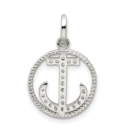 Sterling Silver Rhodium-Plated Polished Cz Anchor Pendant