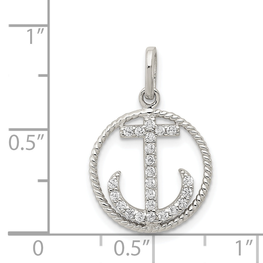 Sterling Silver Rhodium-Plated Polished Cz Anchor Pendant