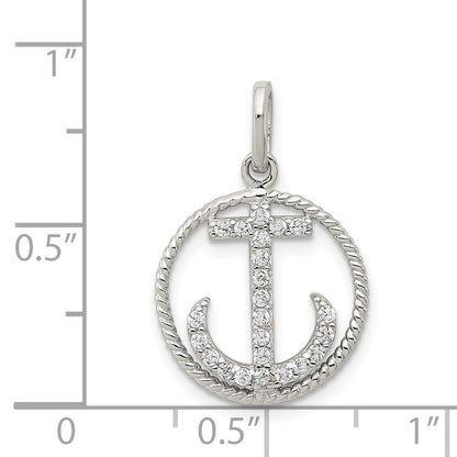 Sterling Silver Rhodium-Plated Polished Cz Anchor Pendant