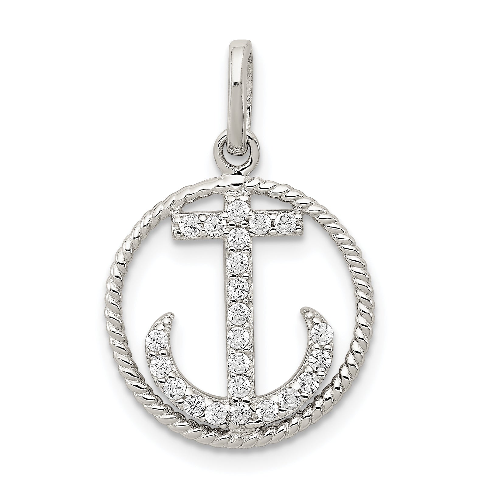 Sterling Silver Rhodium-Plated Polished Cz Anchor Pendant