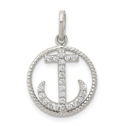 Sterling Silver Rhodium-Plated Polished Cz Anchor Pendant