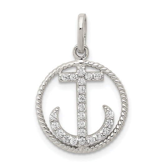 Sterling Silver Rhodium-Plated Polished Cz Anchor Pendant
