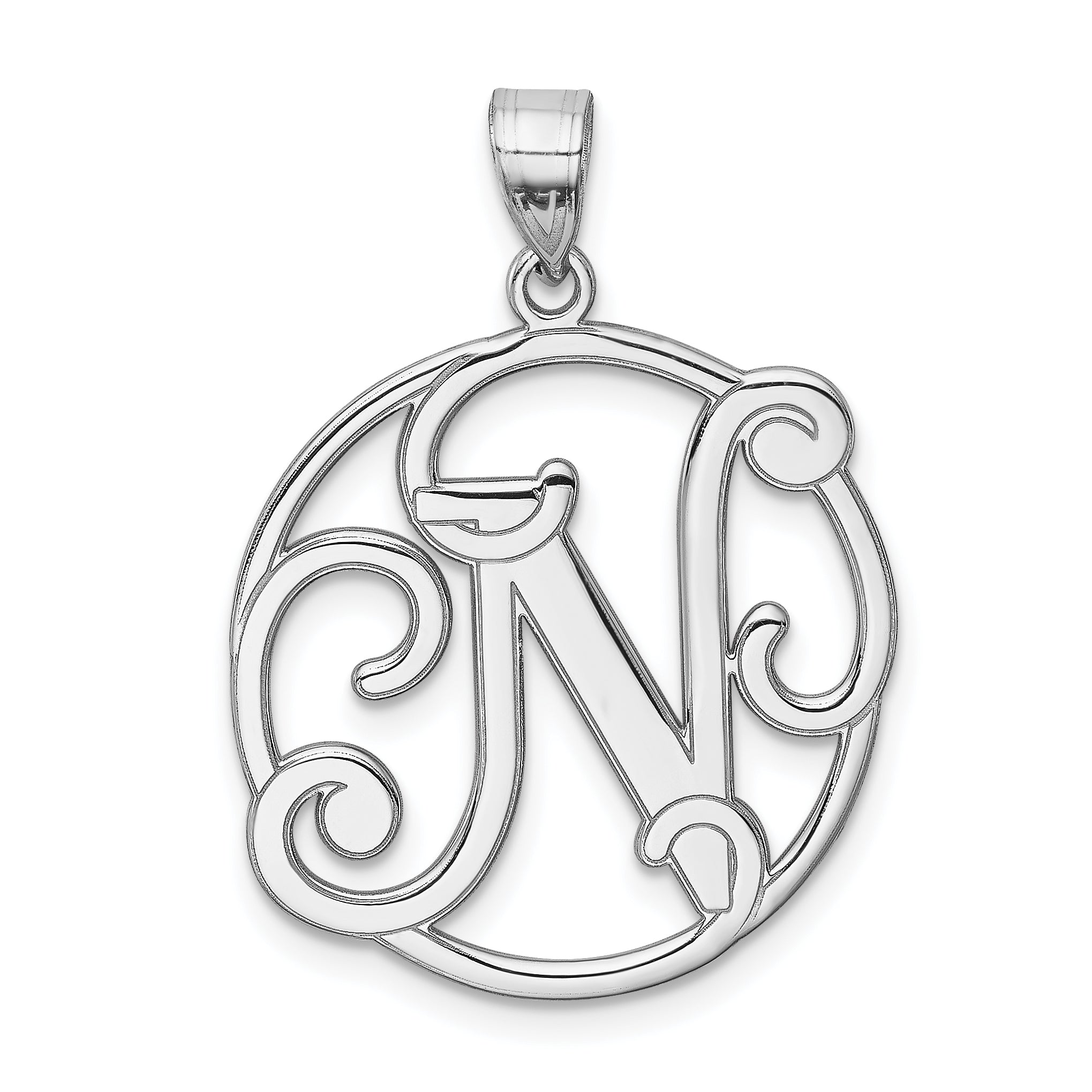 Sterling Silver Rhodium-Plated Fancy Script Letter N Initial Pendant