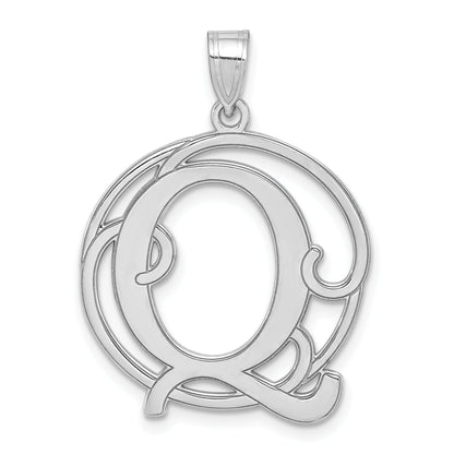 Sterling Silver Rhodium-Plated Fancy Script Letter Q Initial Pendant
