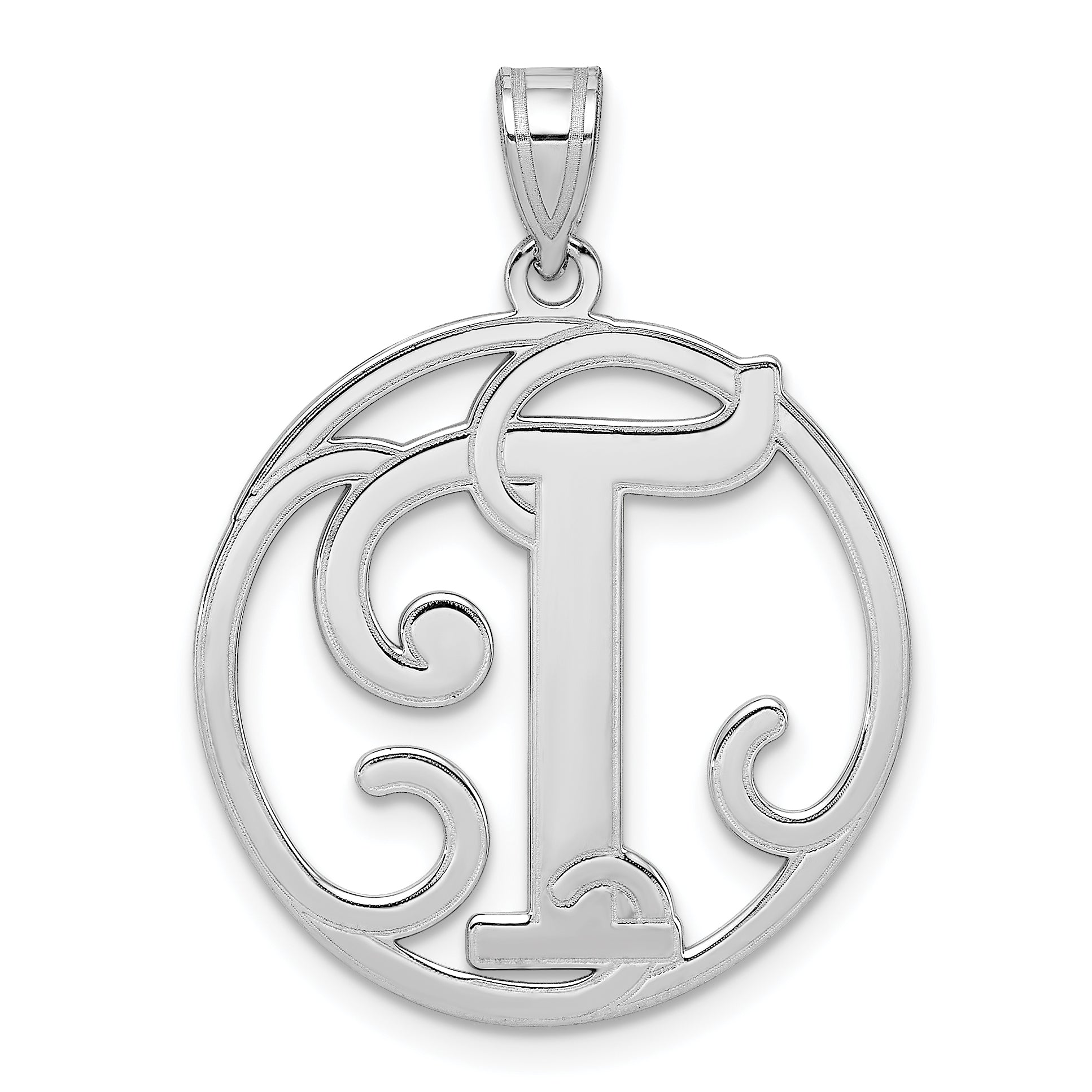 Sterling Silver Rhodium-Plated Fancy Script Letter T Initial Pendant