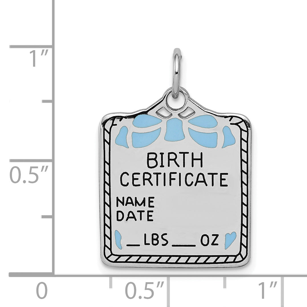 Sterling Silver Ss Rh-Plt Blue Birth Certificate Polished Front/Satin Back Charm