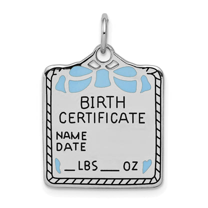 Sterling Silver Ss Rh-Plt Blue Birth Certificate Polished Front/Satin Back Charm