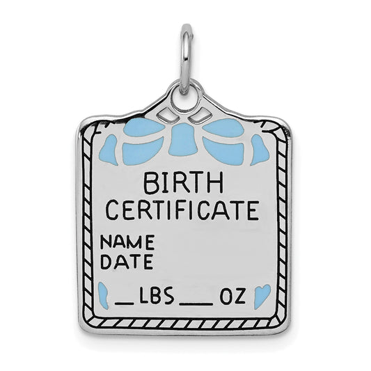Sterling Silver Ss Rh-Plt Blue Birth Certificate Polished Front/Satin Back Charm