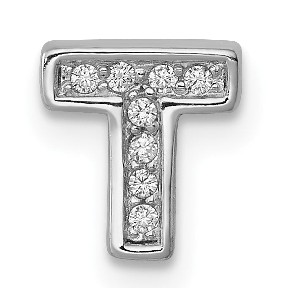 Sterling Silver Rhodium-Plated Cz Letter T Initial Slide Charm