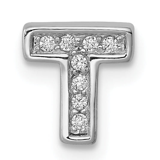 Sterling Silver Rhodium-Plated Cz Letter T Initial Slide Charm