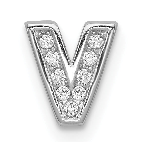 Sterling Silver Rhodium-Plated Cz Letter V Initial Slide Charm
