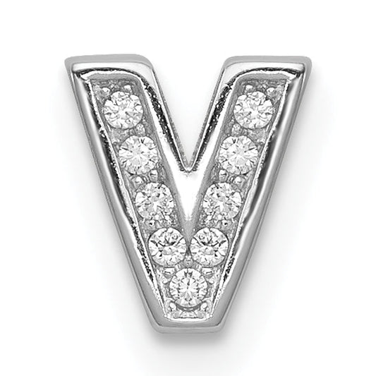 Sterling Silver Rhodium-Plated Cz Letter V Initial Slide Charm