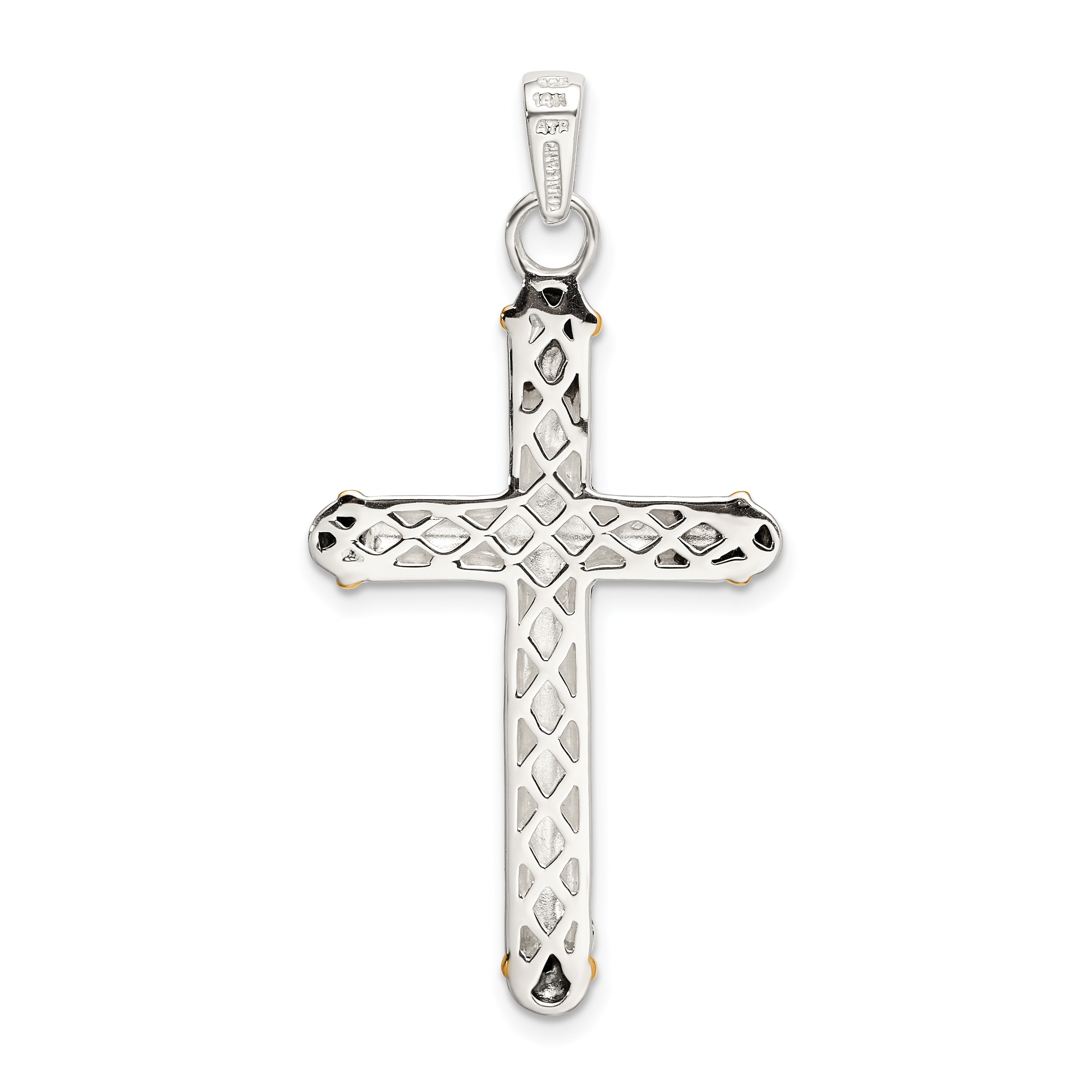Silver/14K Two-Tone Sterling Silver W/14K White Topaz On Bail Antiqued Cross Pendant