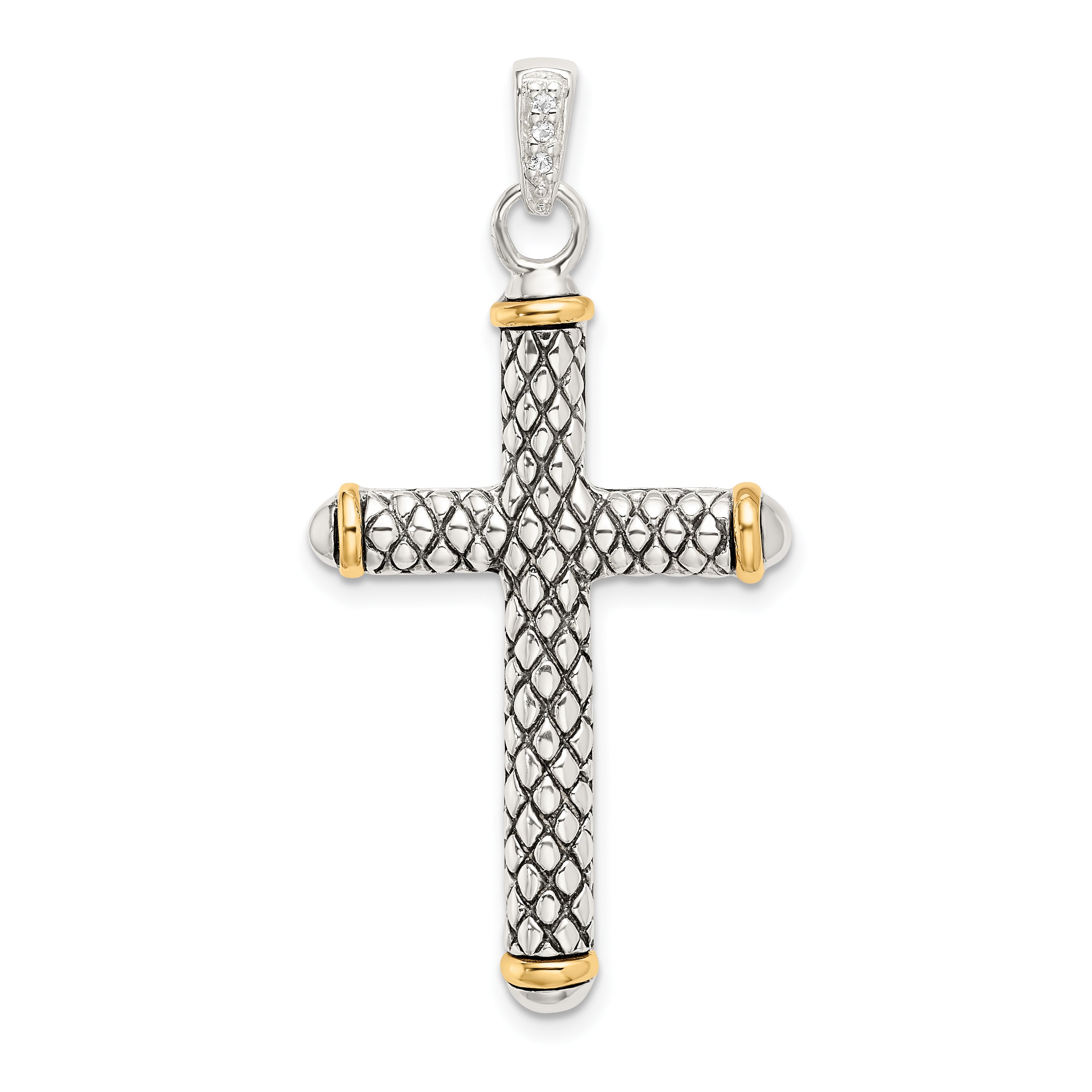 Silver/14K Two-Tone Sterling Silver W/14K White Topaz On Bail Antiqued Cross Pendant