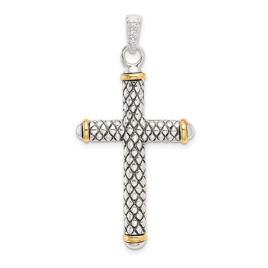 Silver/14K Two-Tone Sterling Silver W/14K White Topaz On Bail Antiqued Cross Pendant