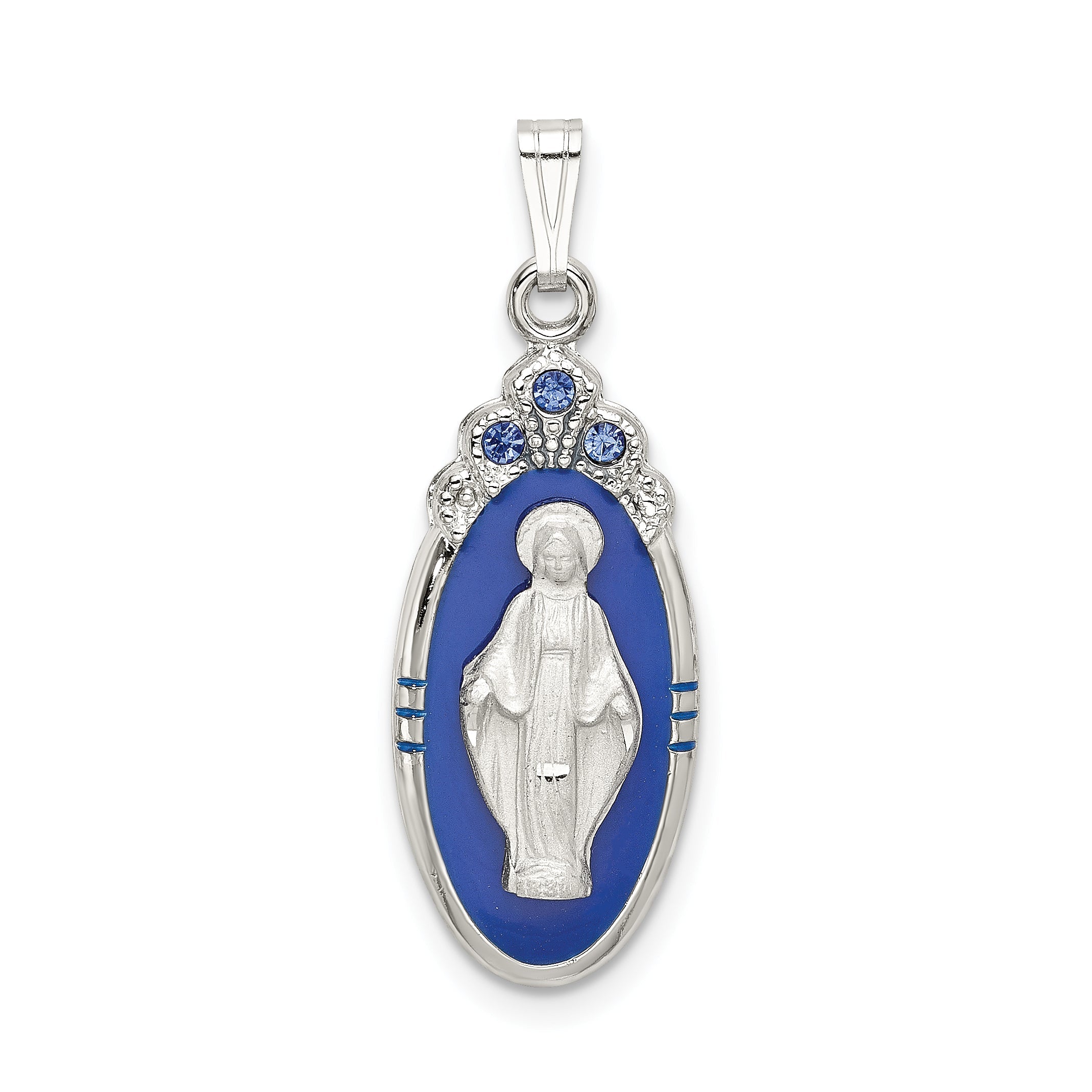 Sterling Silver Satin & D/C Epoxy Crystal Miraculous Medal Pendant