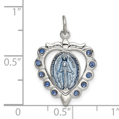 Sterling Silver Epoxy & Crystal Miraculous Medal Heart Pendant