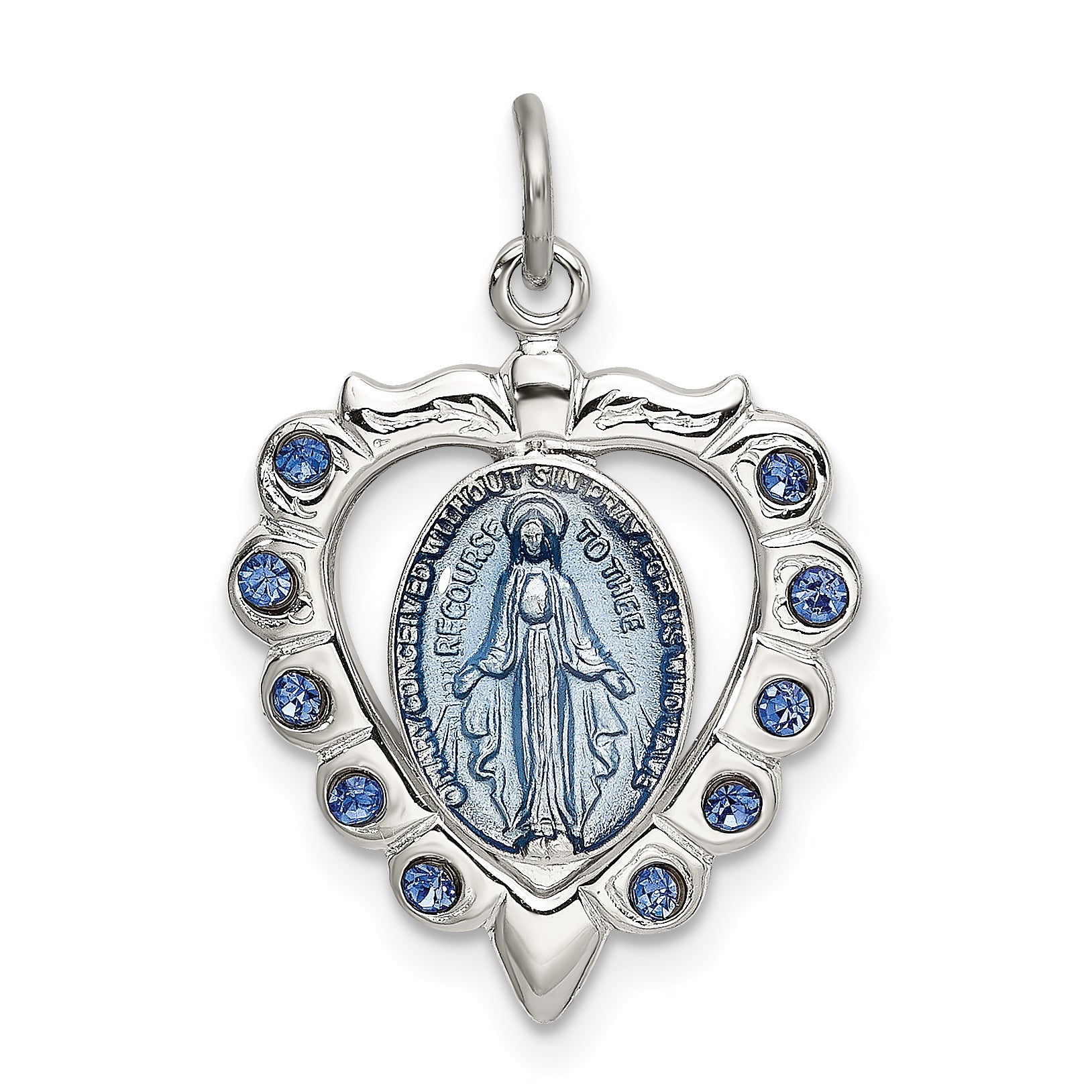 Sterling Silver Epoxy & Crystal Miraculous Medal Heart Pendant