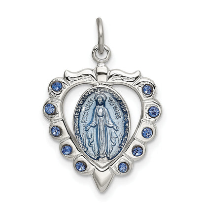 Sterling Silver Epoxy & Crystal Miraculous Medal Heart Pendant